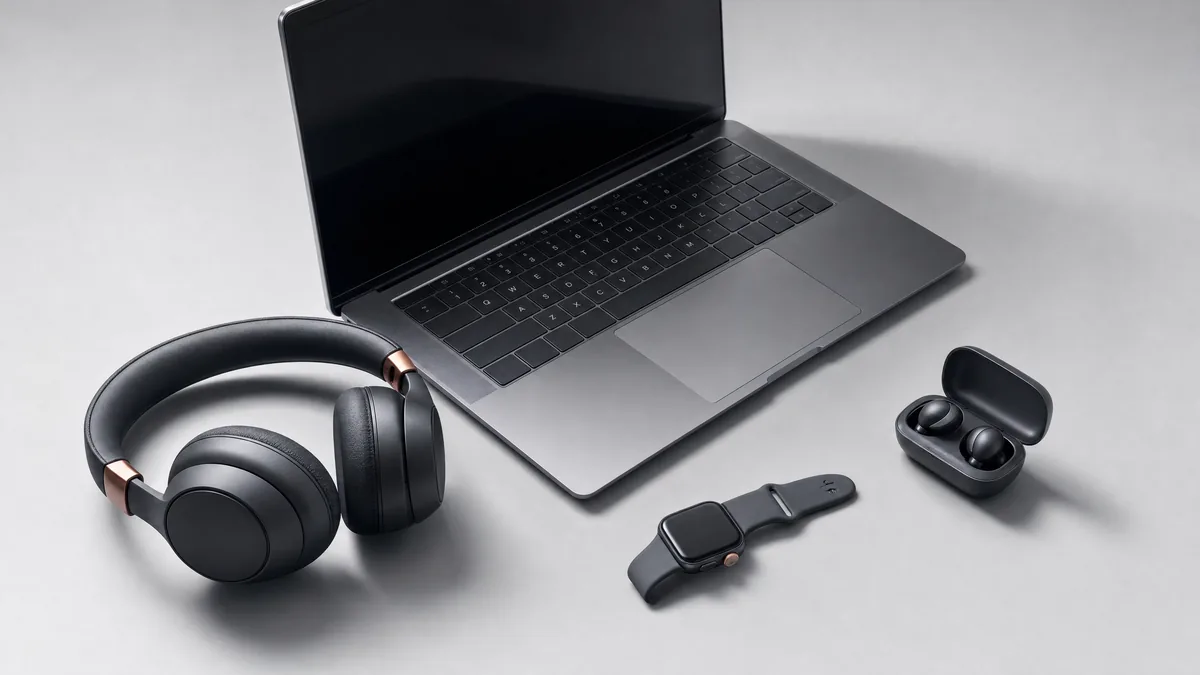 Laptop tipis, headphone over-ear, jam tangan pintar, dan earbud tersusun rapi di atas latar studio abu-abu.