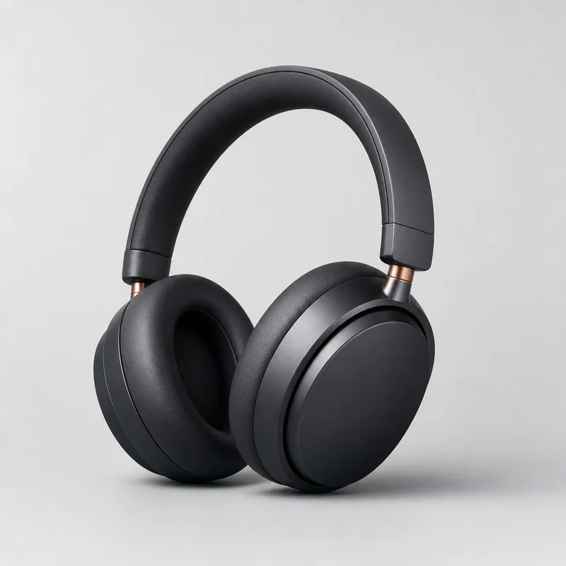 Headphone over-ear warna arang dengan detail engsel tembaga, tampak tiga perempat.